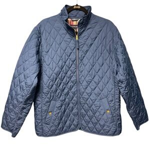 Lands End Quilted Barn Jacket Navy Gold Hardware Green Plaid Lining Women’s XL